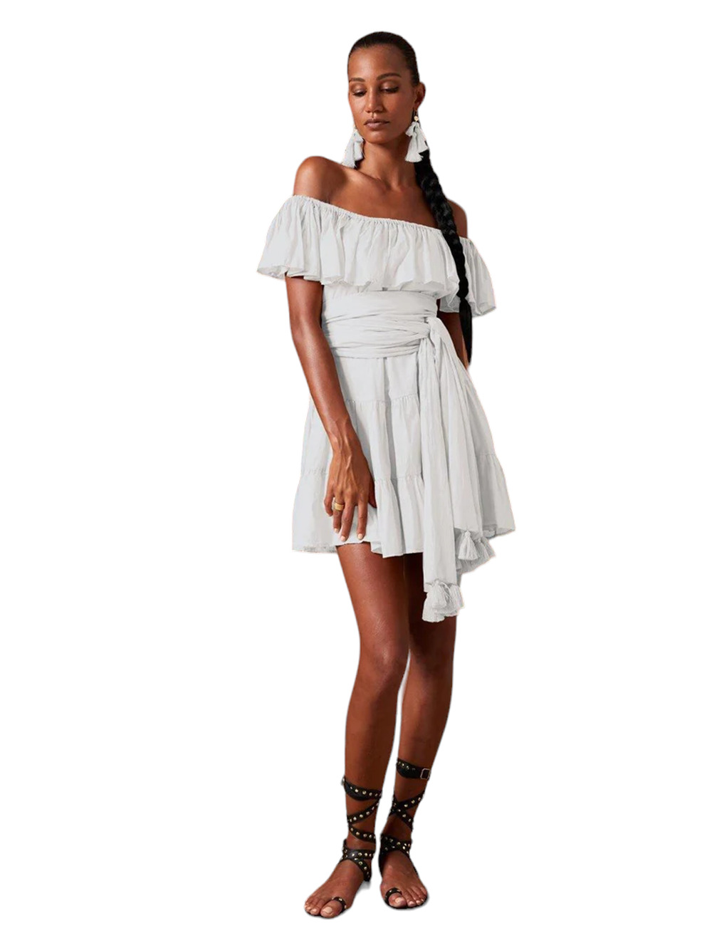 Erika Pena Rita Short Pockets Boho Off Shoulder Ruffle White Dress Size S/M